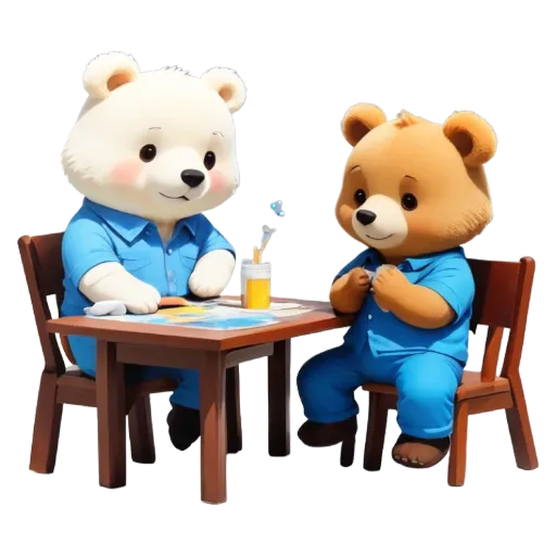 Two bears sitting at a table with a drink and some paper.