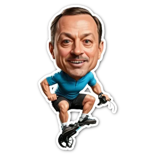 A drawing of a man that looks like he is biking.