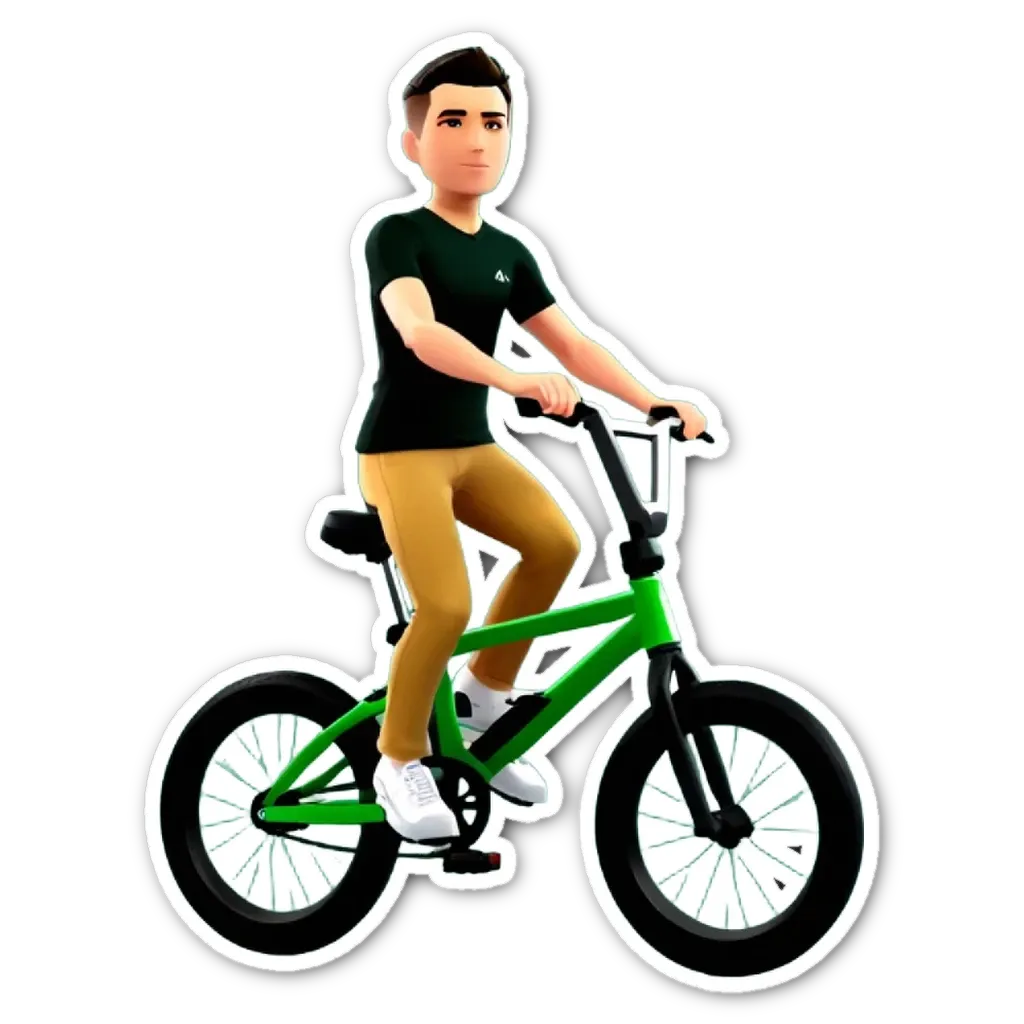 A 3d man in a green and black shirt riding a bike.