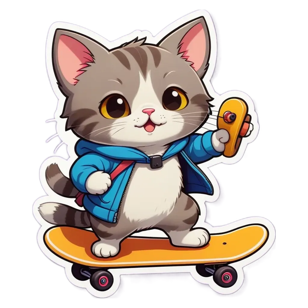 A cartoon cat riding a skateboard and holding a remote.