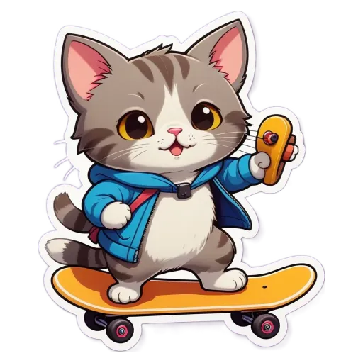 A cartoon cat riding a skateboard and holding a remote.