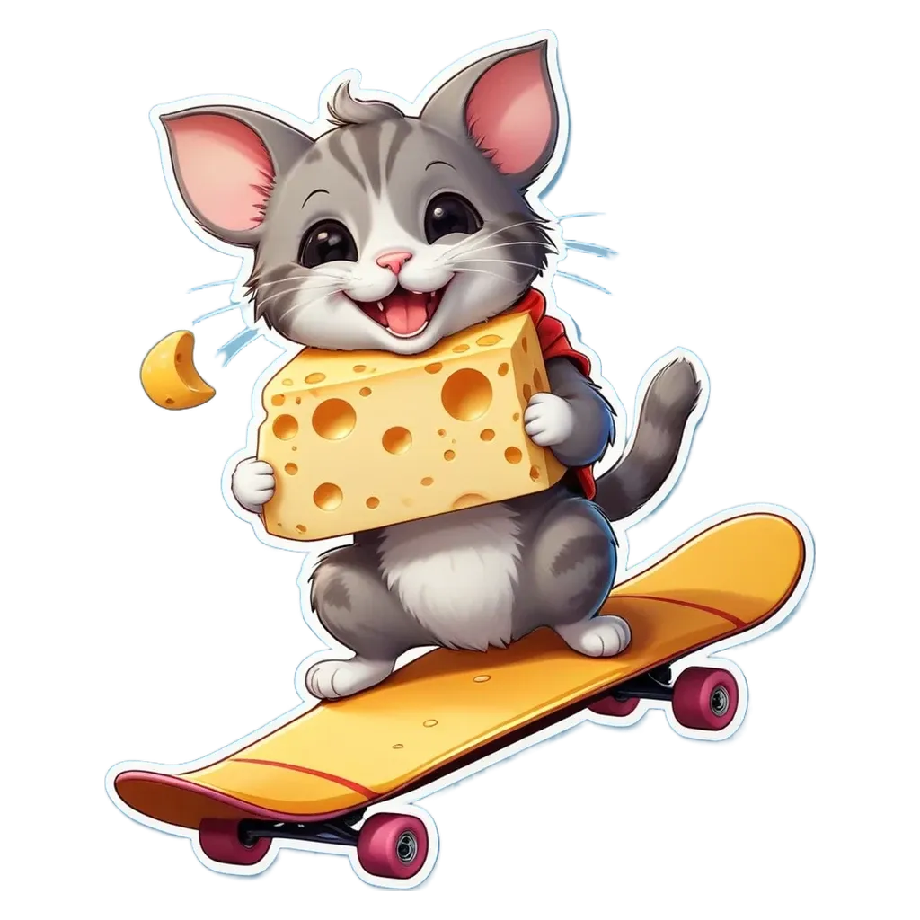 A cat riding a skateboard and holding a chunk of cheese.