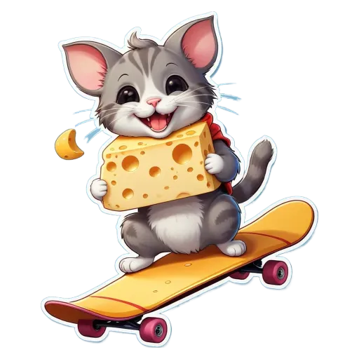 A cat riding a skateboard and holding a chunk of cheese.