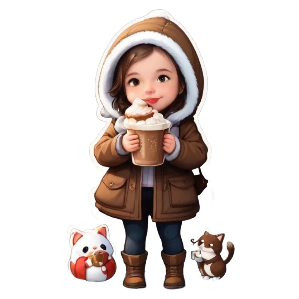 A cartoon or animated image of a girl with a cup of coffee and cats.