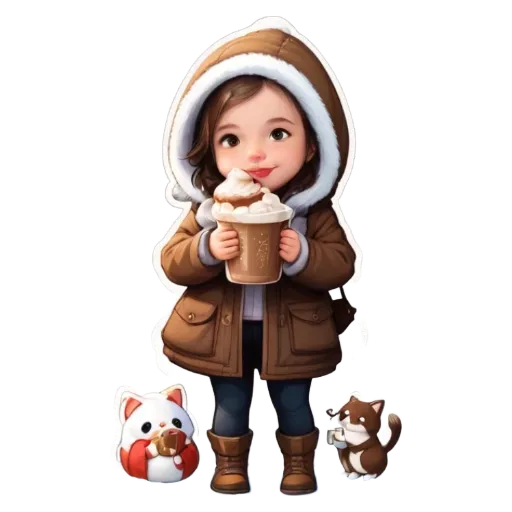A cartoon or animated image of a girl with a cup of coffee and cats.
