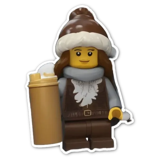 A plastic cup with a brown liquid in it is held by a lego figure wearing a hat and scarf.