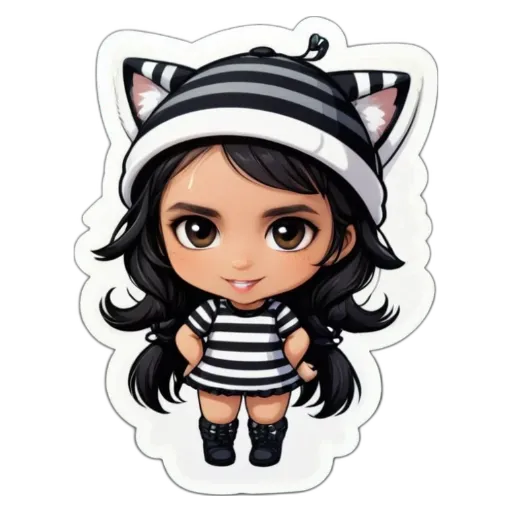 A girl with a black and white dress with cat ears that is designed to look like a zebra.