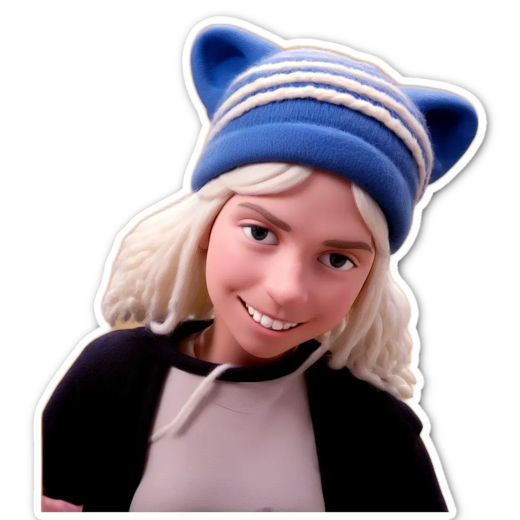 A girl wearing a blue and white cat ears sticker is smiling.