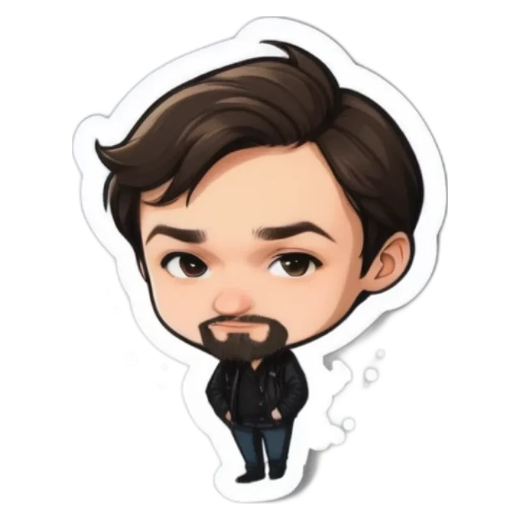 A boy that has a beard and is wearing black clothes.