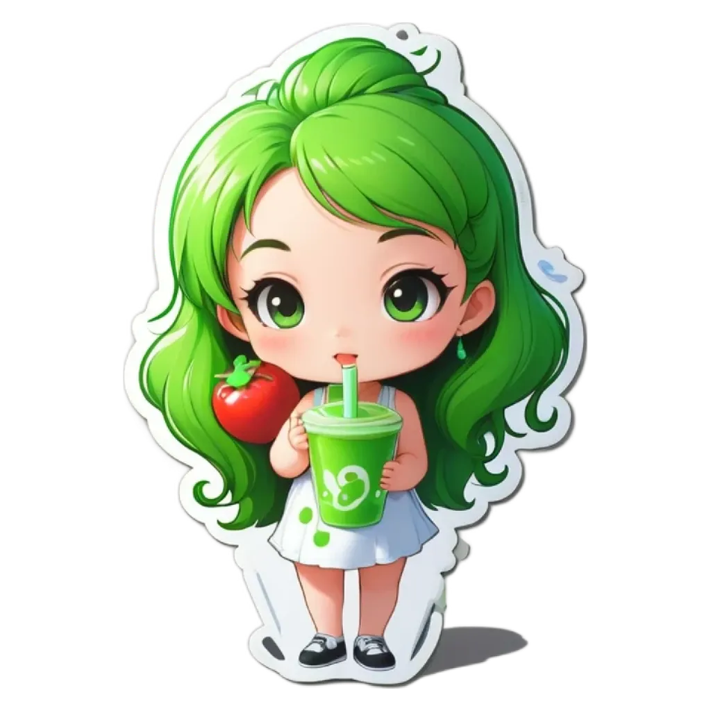 A girl with a drink and a tomato is holding a sticker.