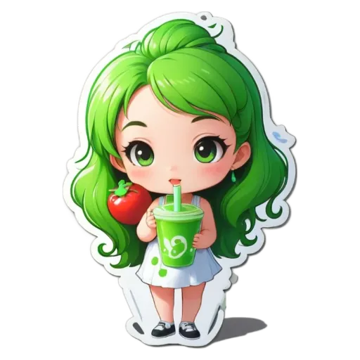 A girl with a drink and a tomato is holding a sticker.