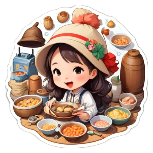 A girl wearing a white hat is sitting at a table eating.