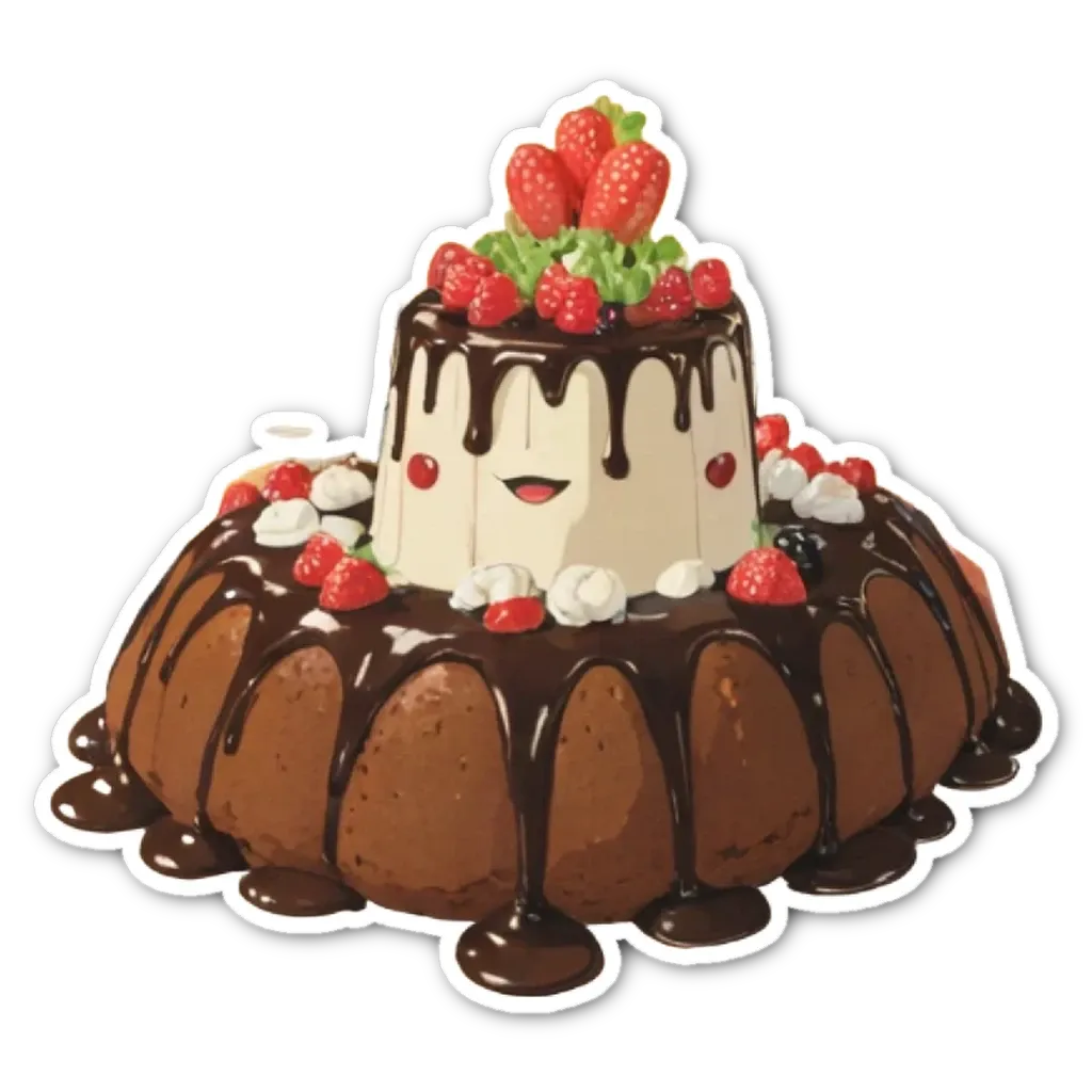 A chocolate cake with strawberries on top is arranged on a black background.