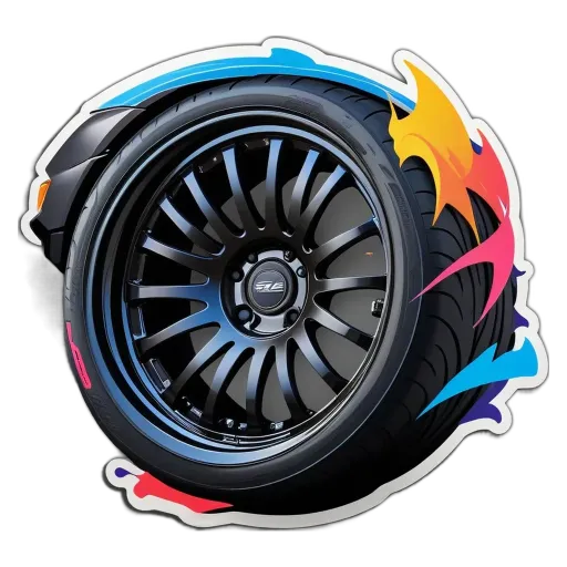 A colorful sticker of a black tire with a logo in the center.