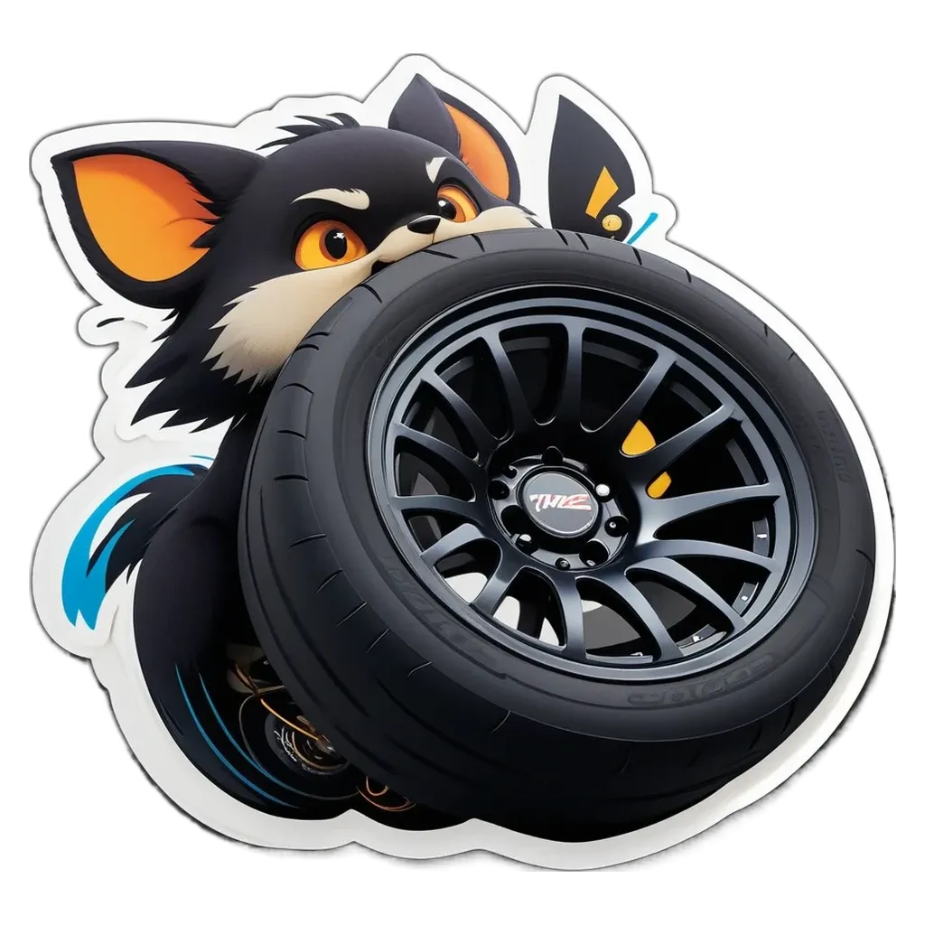 A sticker of a cat with a tire in front of it.