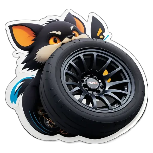 A sticker of a cat with a tire in front of it.