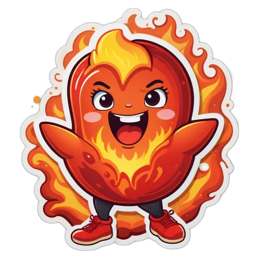 A happy character representing fire is bowing in front of a black background.