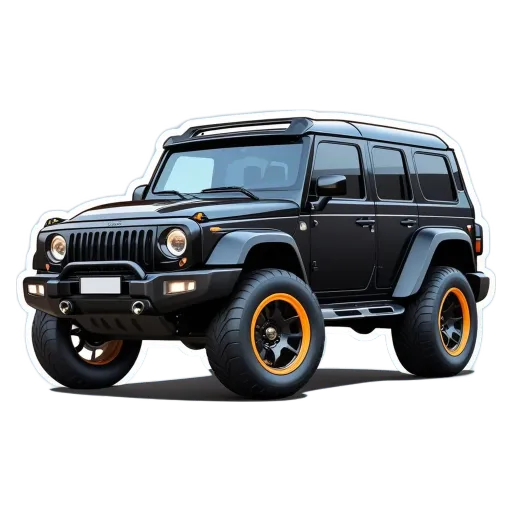 A blackJeepRanger is shown with yellow stripes on the side.