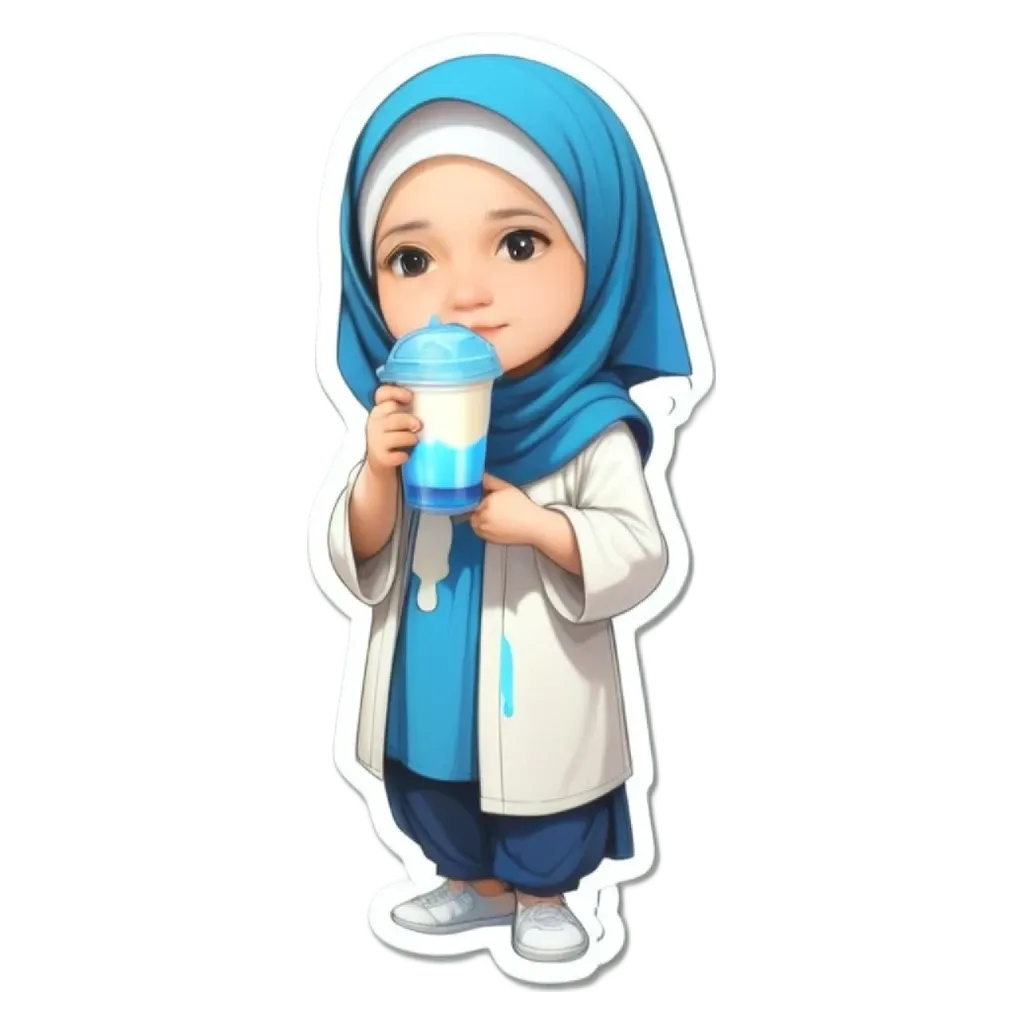 A cartoon picture of a girl drinking from a blue cup.