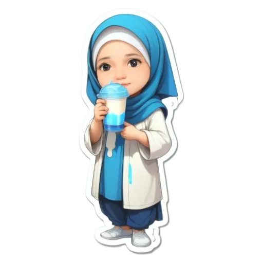 A cartoon picture of a girl drinking from a blue cup.