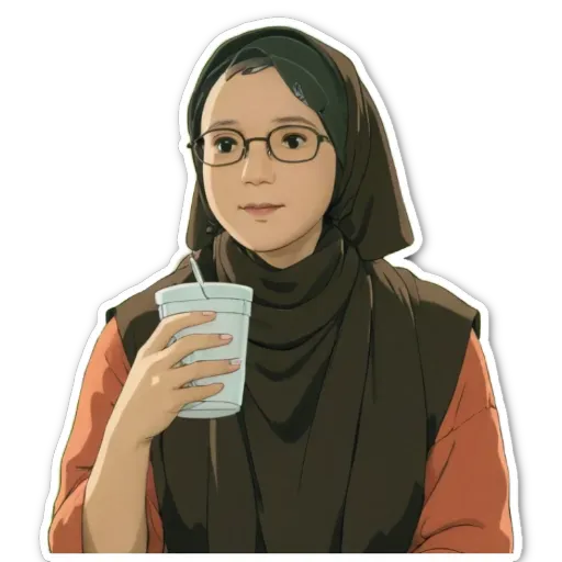 A cartoon drawing of a woman wearing a head scarf and holding a cup.