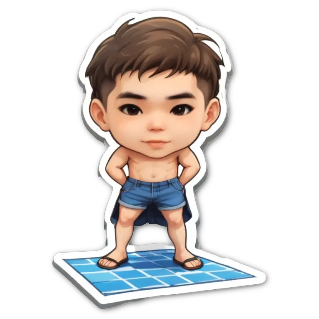 A boy wearing blue shorts and no shirt.