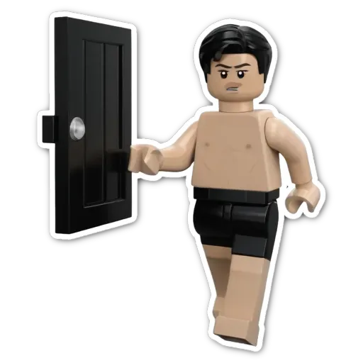 A lego figure that is holding a door open.