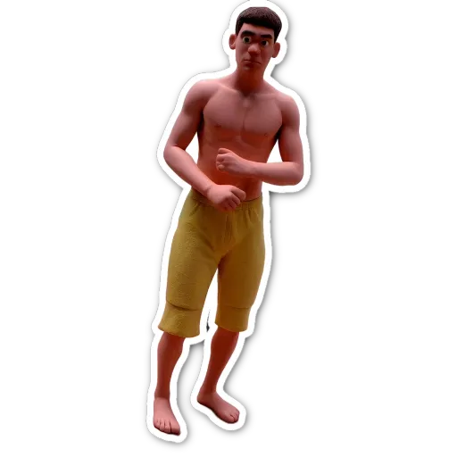 A man with no shirt and yellow shorts standing in front of a black background.