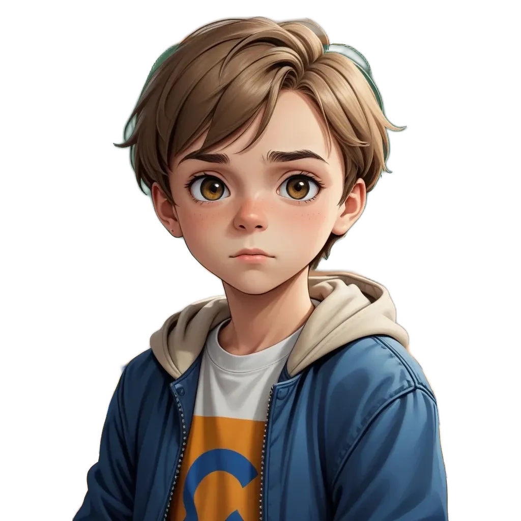 A boy with a blue jacket looks down with his eyes wide open.