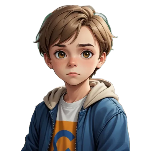 A boy with a blue jacket looks down with his eyes wide open.