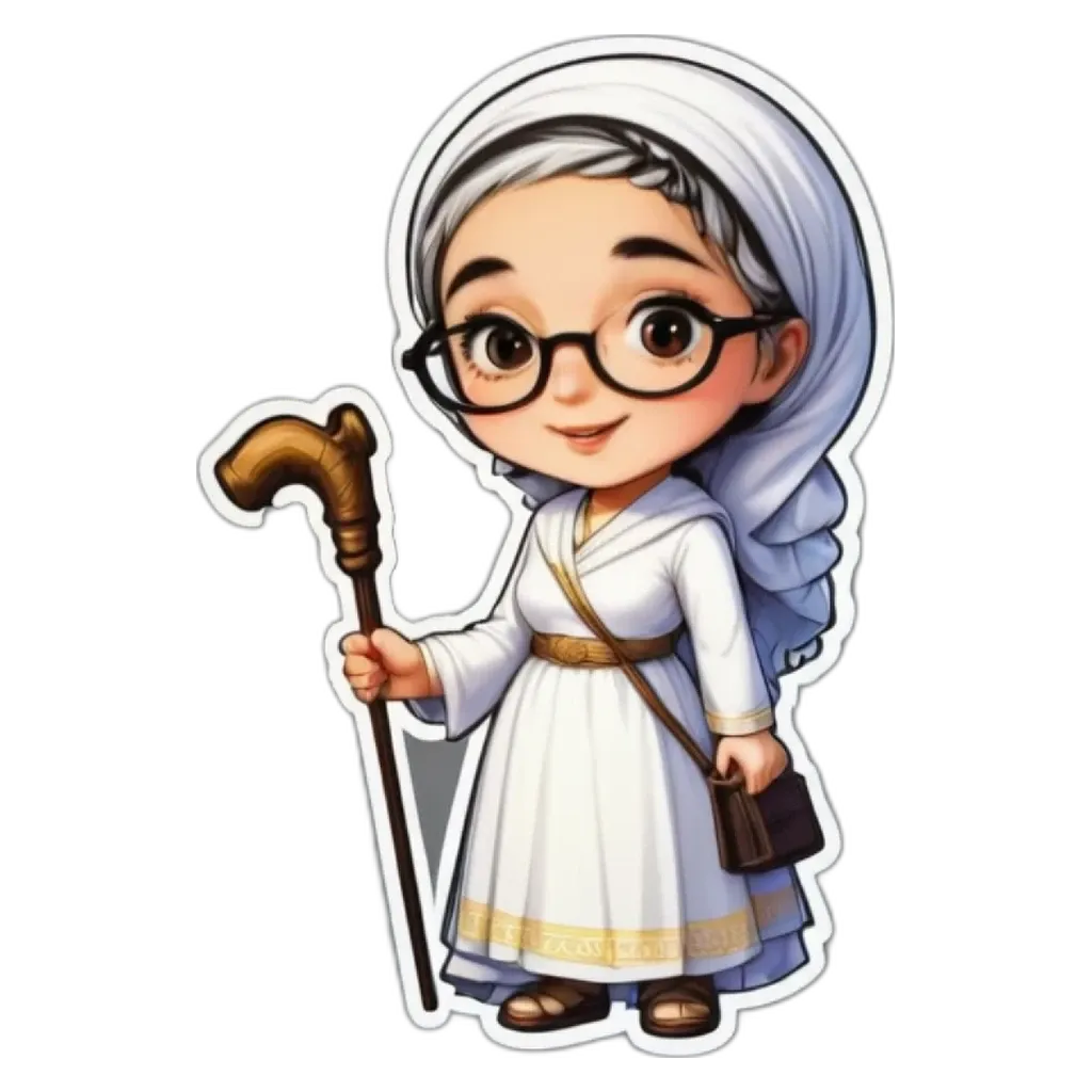 A girl wearing a white dress and glasses holding a staff.