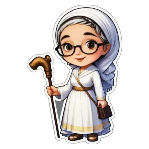 A girl wearing a white dress and glasses holding a staff.