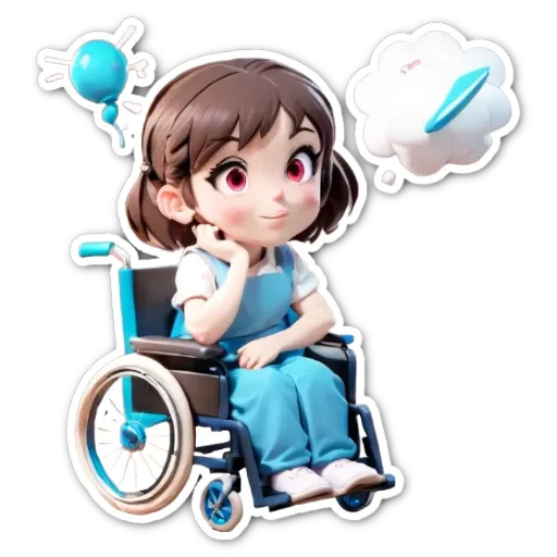 A sticker of a handicapped girl thinking about airplanes.