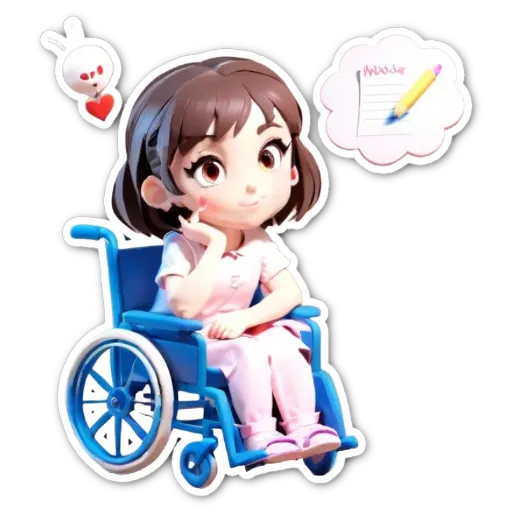 A sticker of a girl in a wheelchair thinking about writing something.