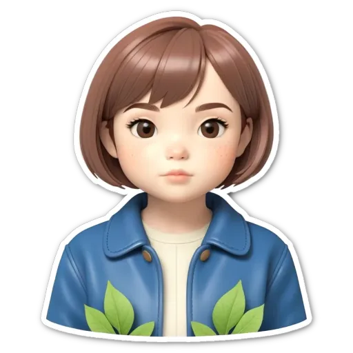A sticker of a girl with a jacket and green leaves on it.