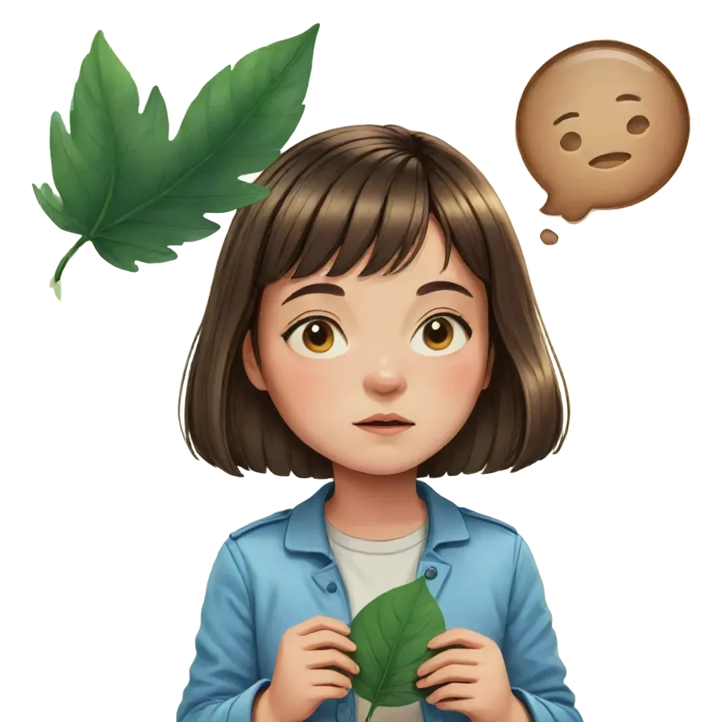 A girl thinking about what to say next to a leaf and a heart.