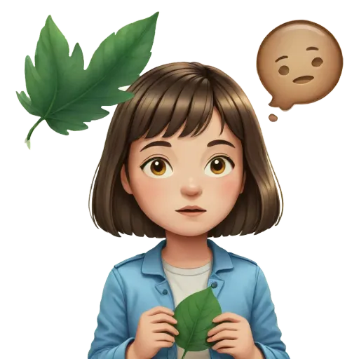 A girl thinking about what to say next to a leaf and a heart.