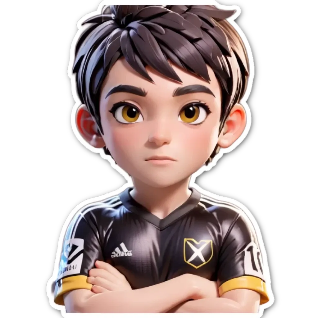 A child wearing a soccer jersey is standing with his arms crossed.