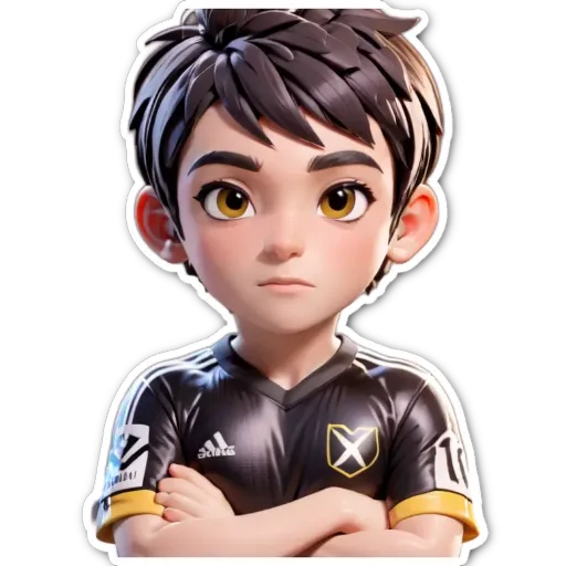 A child wearing a soccer jersey is standing with his arms crossed.