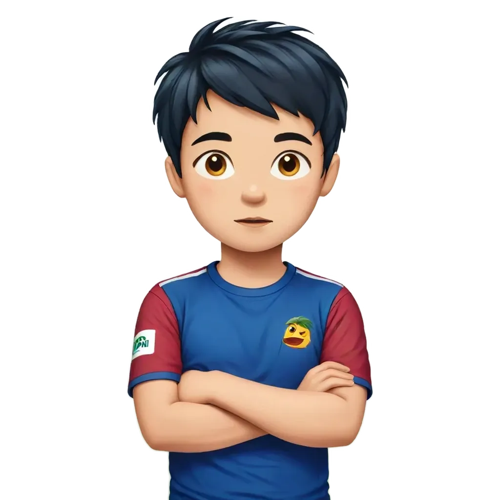 A boy wearing a blue shirt with the number 2 on it.