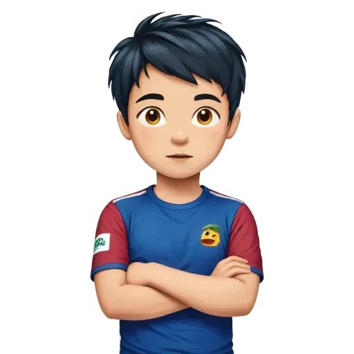 A boy wearing a blue shirt with the number 2 on it.