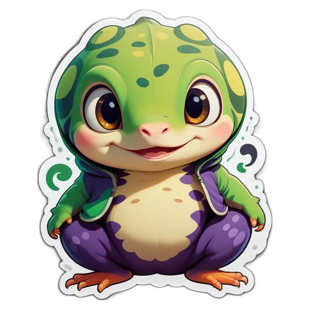 A sticker of a frog that is wearing a purple jacket.