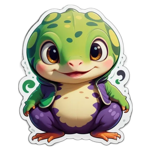 A sticker of a frog that is wearing a purple jacket.