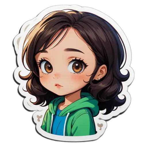 A girl with a green hoodie and black eyes.