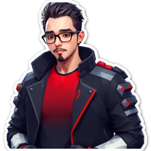 A sticker of a man wearing glasses and a black jacket.