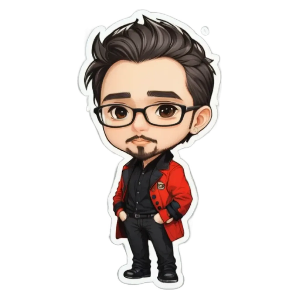 A boy wearing glasses and a red jacket is standing with his hands in his pockets.