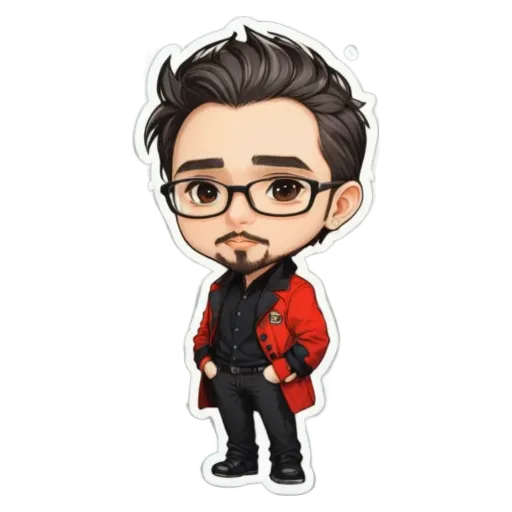 A boy wearing glasses and a red jacket is standing with his hands in his pockets.