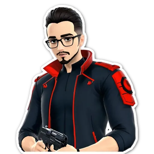 A sticker of a man with glasses and a red and black jacket holding a gun.