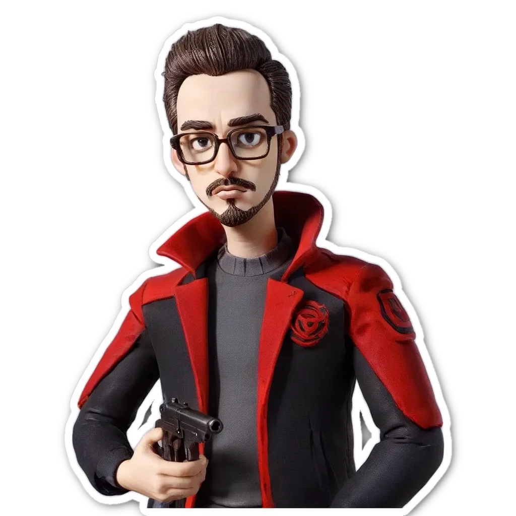 A sticker of a man with glasses and a red jacket holding a gun.