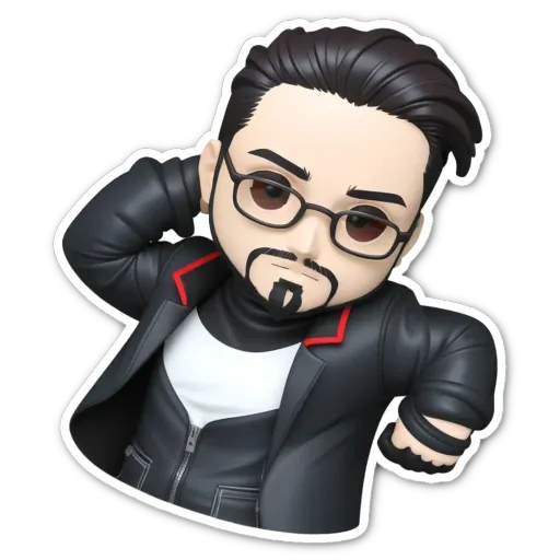 A boy is wearing a black jacket and has a mustache.